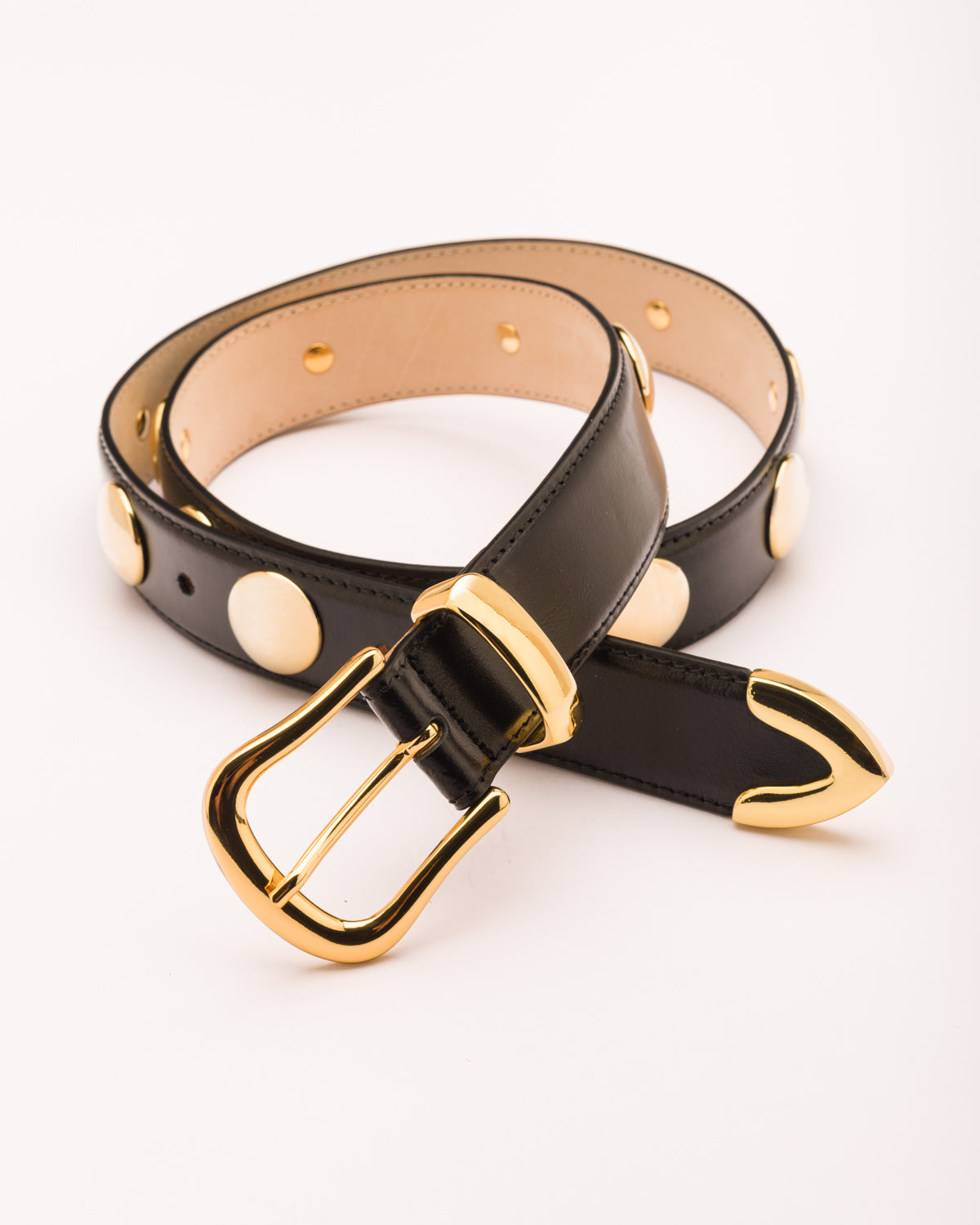 Lana gold studded black leather belt