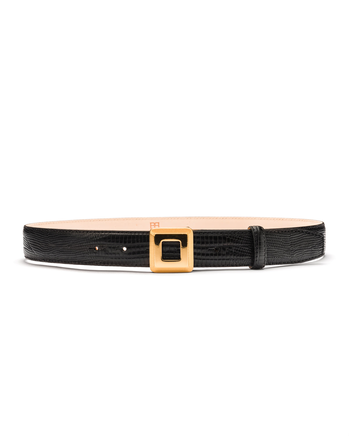 Adriana gold buckle black lizard print leather belt