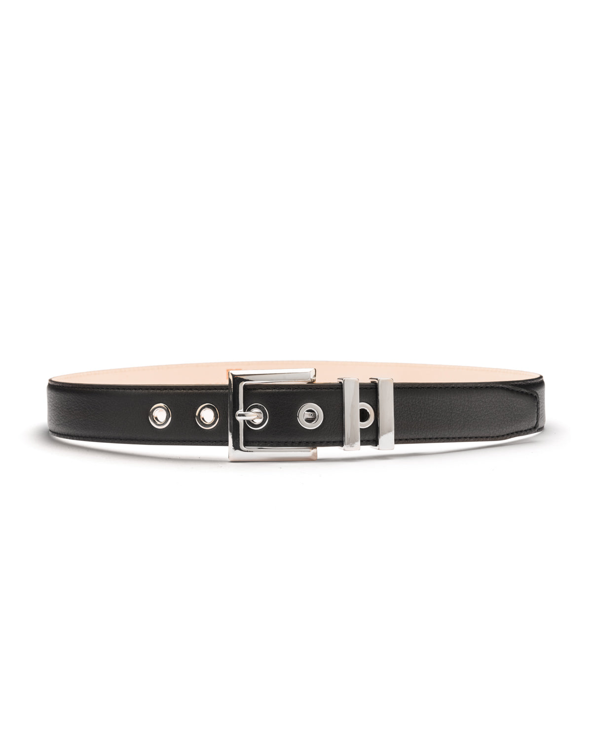 Laura silver buckle black leather eyelets belt