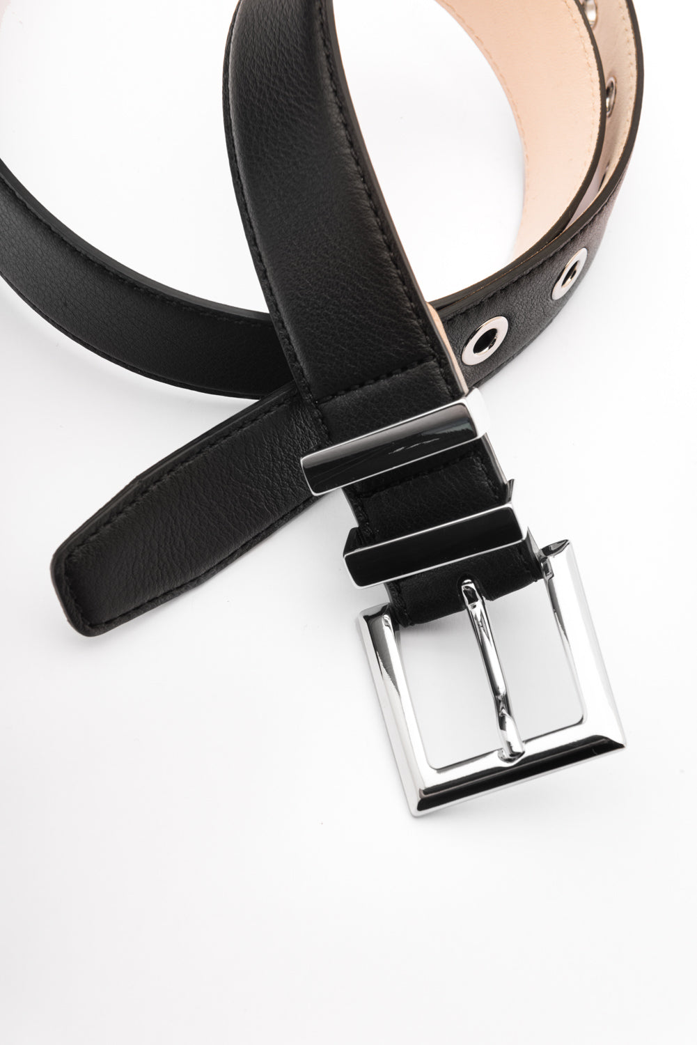 Laura silver buckle black leather eyelets belt