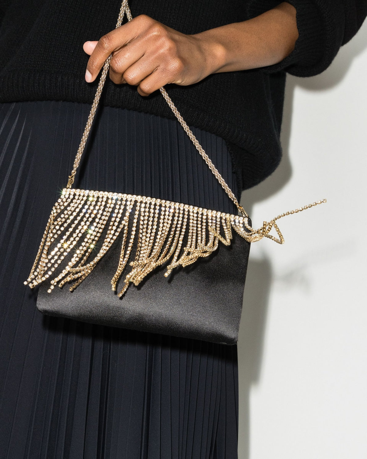 Katie crystal fringe black clutch