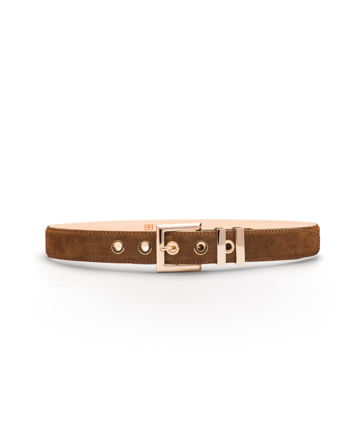 brown suede belt with gold buckle and eyelets