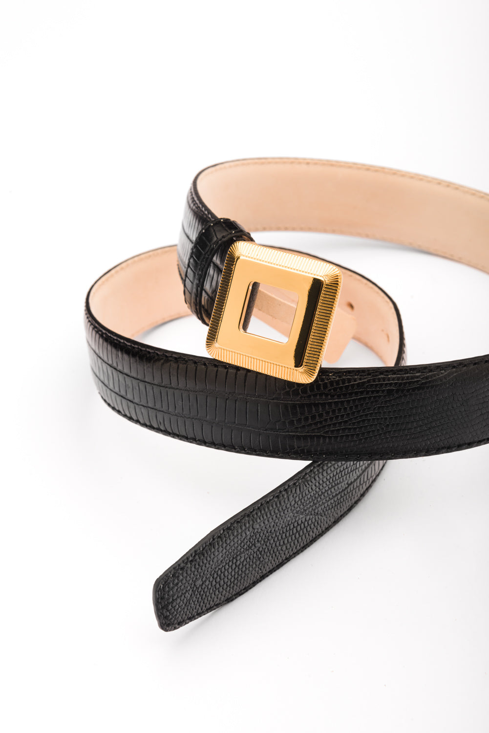 Adriana gold buckle black lizard print leather belt