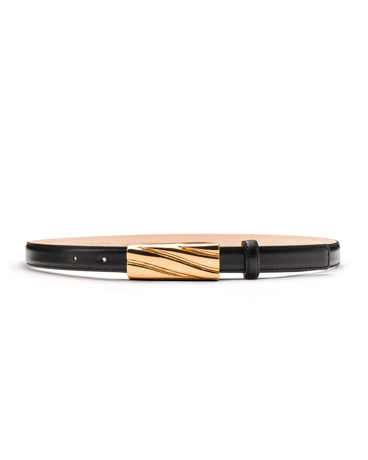 Lily gold embossed buckle black leather belt